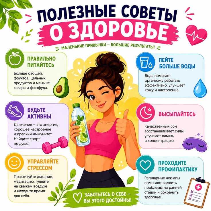 Твое здоровье — это твоя энергия, красота и уверенность каждый день. Забота о себе начинается с маленьких привычек: правильного питания, движения, сна и любви к своему телу. 💫 Сохраняй баланс, вдохновляйся и становись лучшей версией себя. 🌿